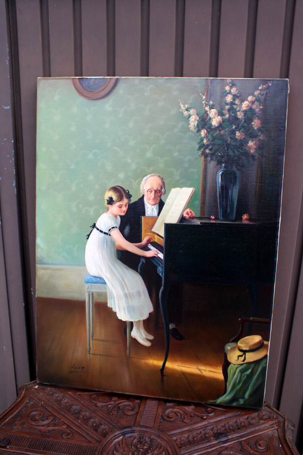 Vintage flemish school oil canvas piano lesson girl signed painting