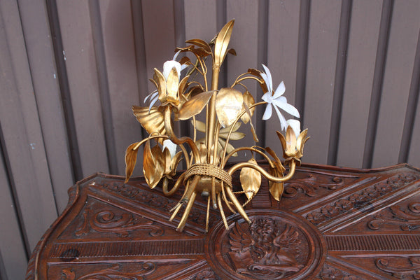 Hollywood regency Metal gold gilt white enamel floral decor chandelier lamp