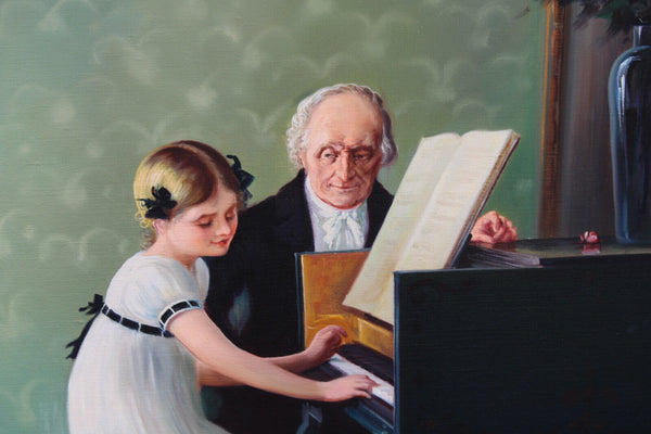 Vintage flemish school oil canvas piano lesson girl signed painting