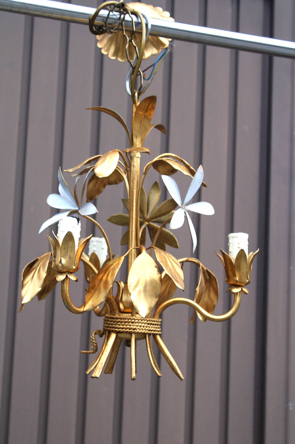 Hollywood regency Metal gold gilt white enamel floral decor chandelier lamp