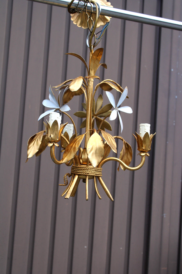 Hollywood regency Metal gold gilt white enamel floral decor chandelier lamp