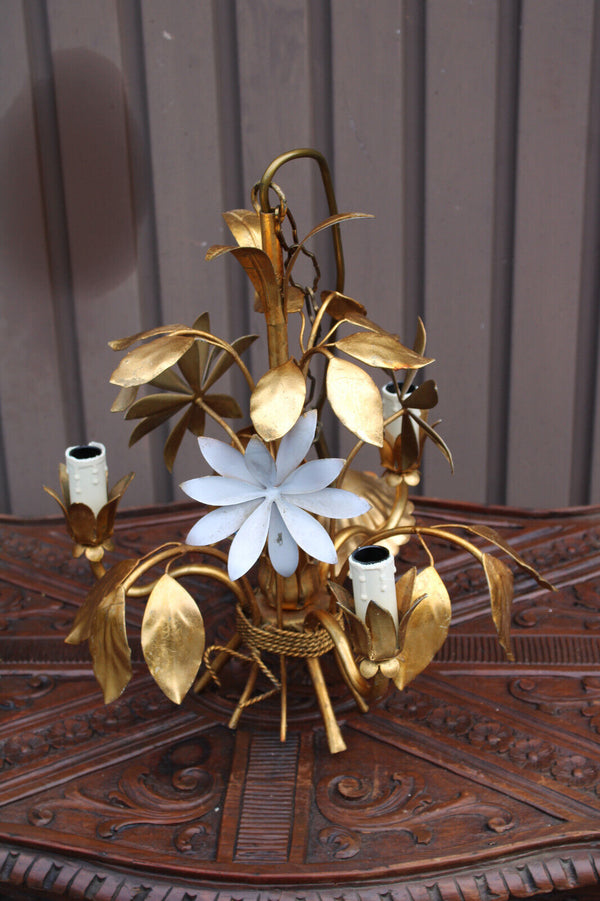 Hollywood regency Metal gold gilt white enamel floral decor chandelier lamp