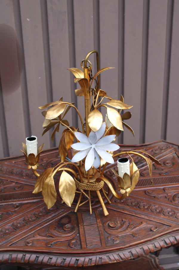 Hollywood regency Metal gold gilt white enamel floral decor chandelier lamp