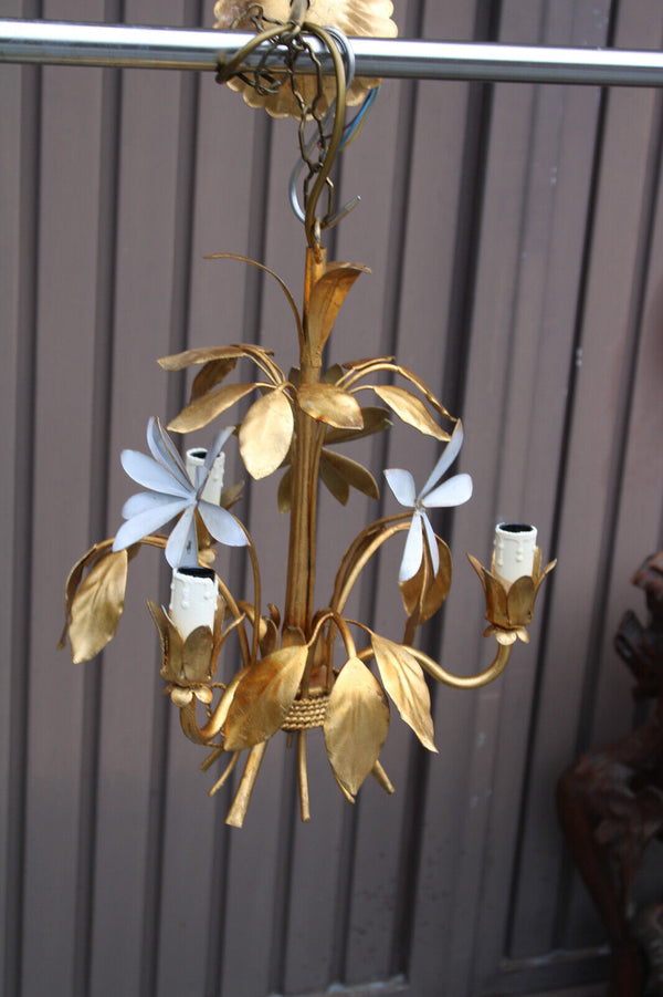 Hollywood regency Metal gold gilt white enamel floral decor chandelier lamp