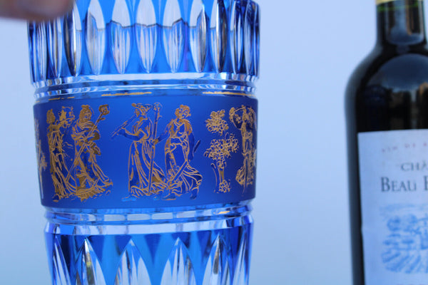 VAL SAINT LAMBERT belgian crystal vase blue glass danse de flore gold