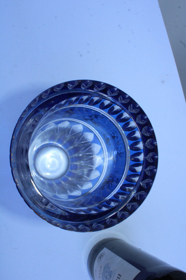 VAL SAINT LAMBERT belgian crystal vase blue glass danse de flore gold