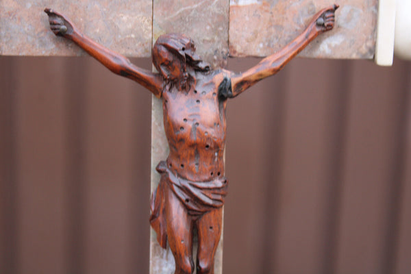 Antique Marble wood carved corpus altar crucifix religious 19thc