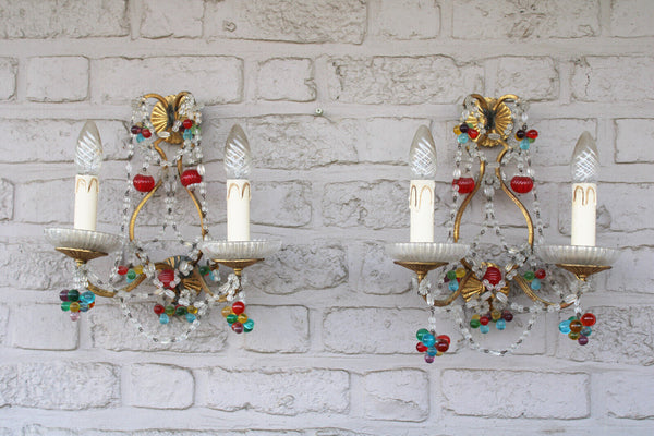 PAIR italian murano multi colour glass drops fruit wall lights sconces rare 1970