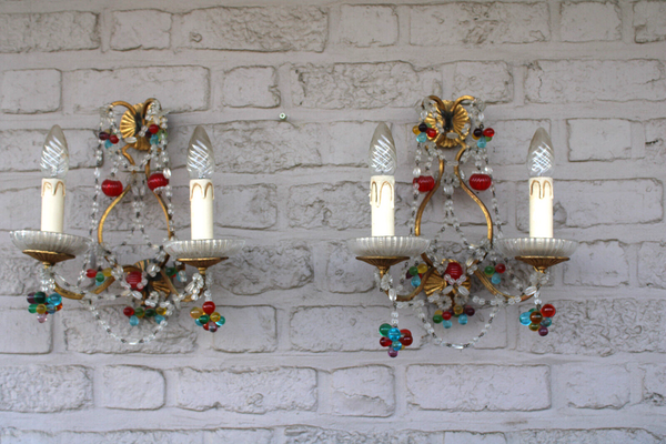 PAIR italian murano multi colour glass drops fruit wall lights sconces rare 1970