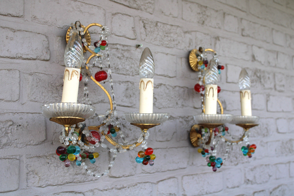 PAIR italian murano multi colour glass drops fruit wall lights sconces rare 1970