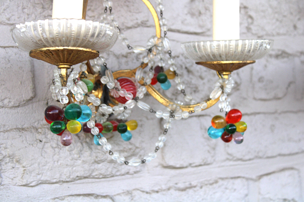 PAIR italian murano multi colour glass drops fruit wall lights sconces rare 1970