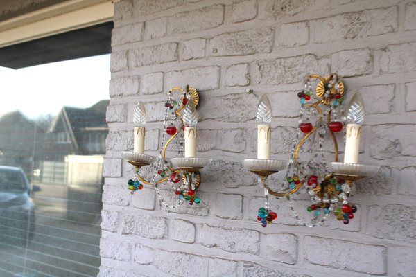 PAIR italian murano multi colour glass drops fruit wall lights sconces rare 1970