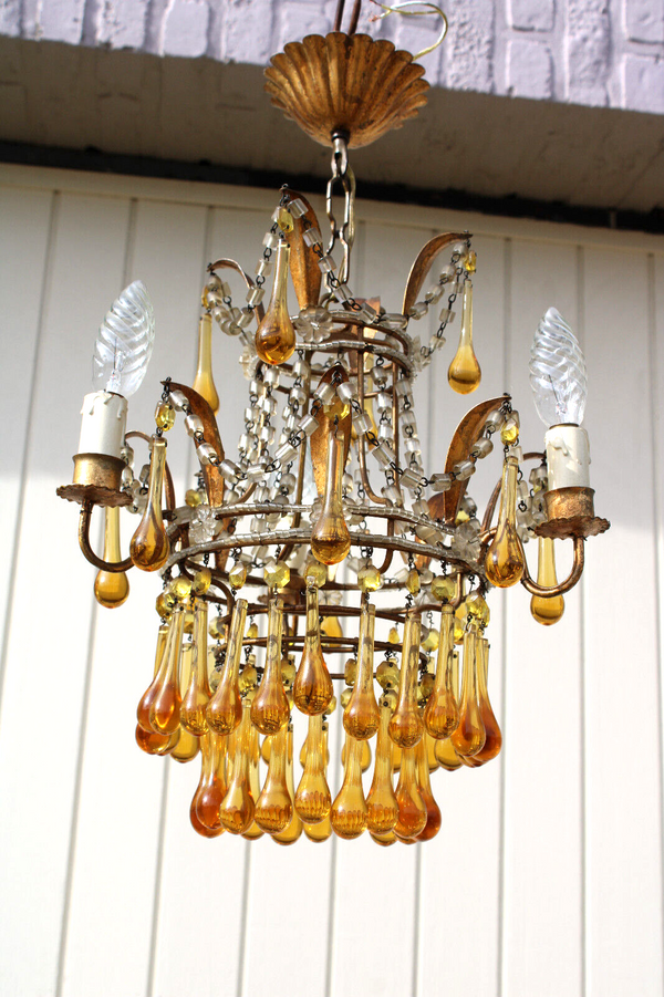 Vintage 1970 murano amber glass drops Chandelier lamp