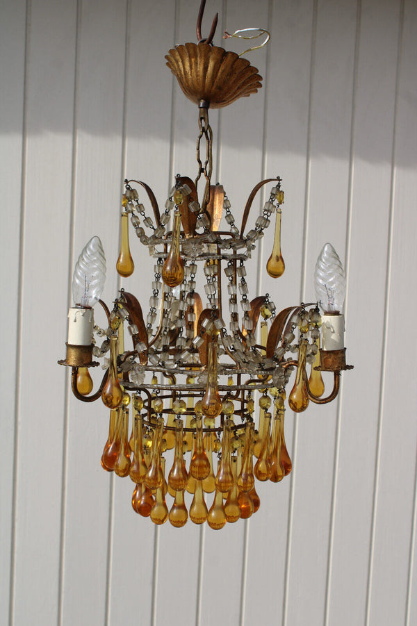 Vintage 1970 murano amber glass drops Chandelier lamp