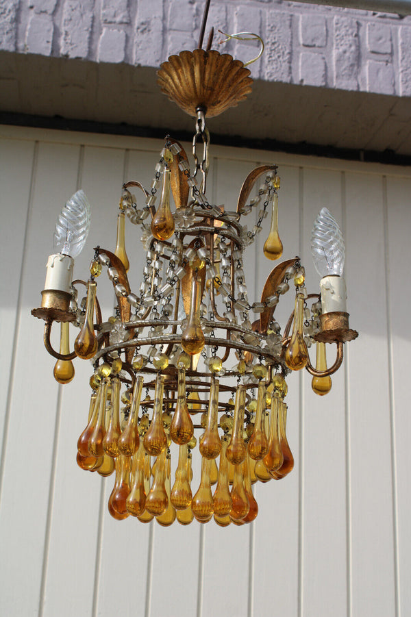 Vintage 1970 murano amber glass drops Chandelier lamp