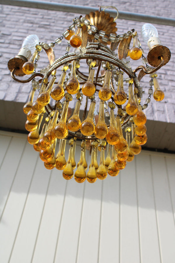 Vintage 1970 murano amber glass drops Chandelier lamp