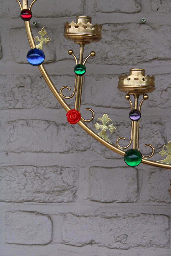 Antique neo gothic brass Stones Church candelabras candle holder