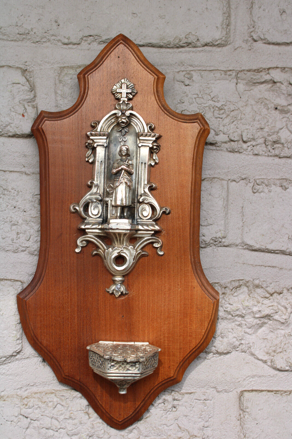 Vintage french rare holy water font metal joan of arc jeanne Wall plaque wood