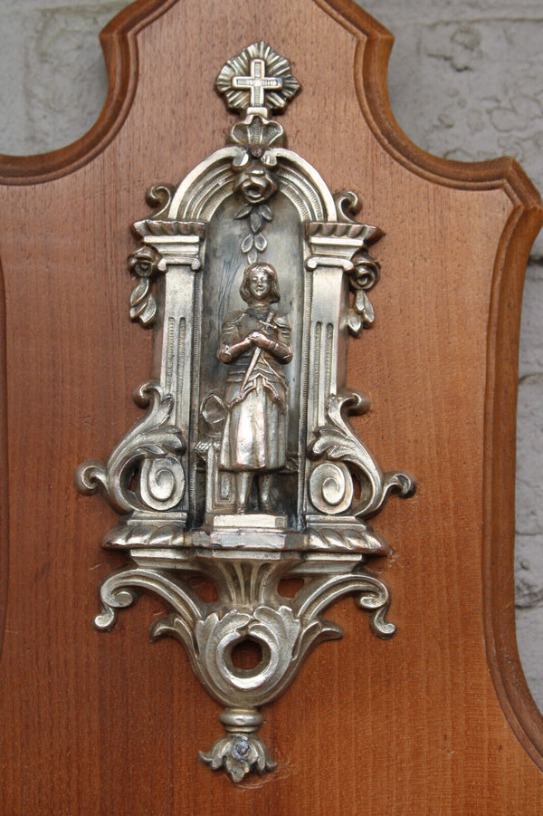 Vintage french rare holy water font metal joan of arc jeanne Wall plaque wood