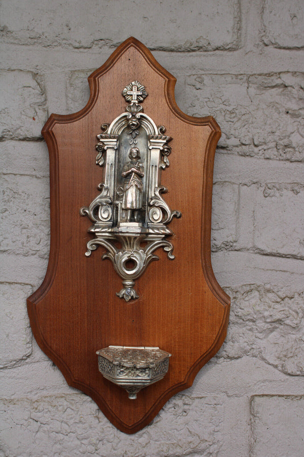 Vintage french rare holy water font metal joan of arc jeanne Wall plaque wood