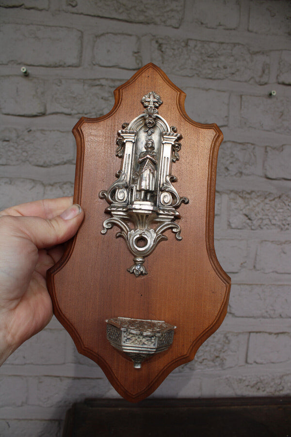 Vintage french rare holy water font metal joan of arc jeanne Wall plaque wood