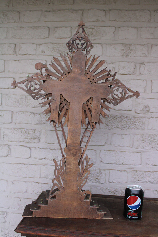 XL antique wood cut Crucifix portrait christ religious rare