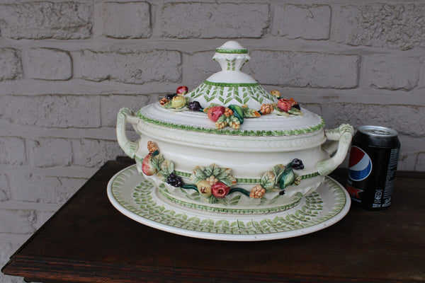 1970 French porcelain  soup tureen bowl on plate with vegetables fruit decor