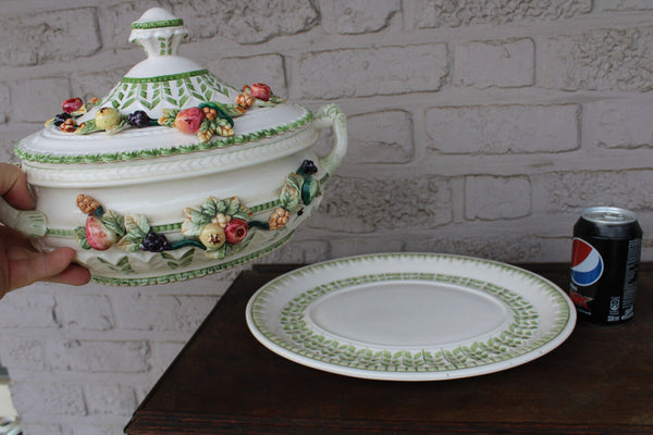 1970 French porcelain  soup tureen bowl on plate with vegetables fruit decor