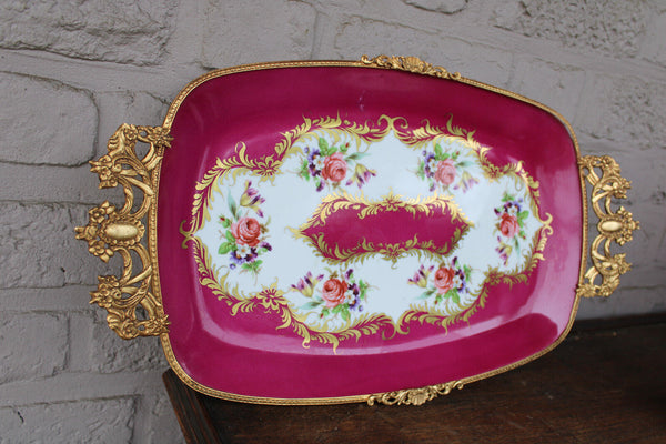 LARGE centerpiece tray metal golt gilt and floral porcelain rare