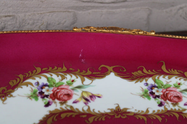 LARGE centerpiece tray metal golt gilt and floral porcelain rare