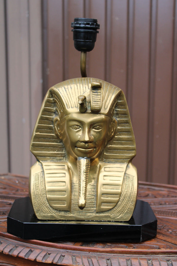 1970s hollywood century brass pharao table lamp wood base