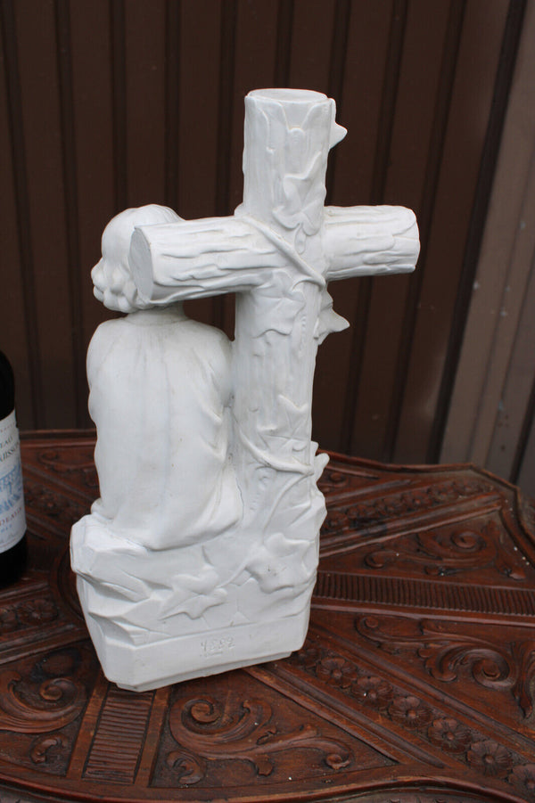 LARGE german bisque porcelain jesus figurine waiting cross Statue marked
