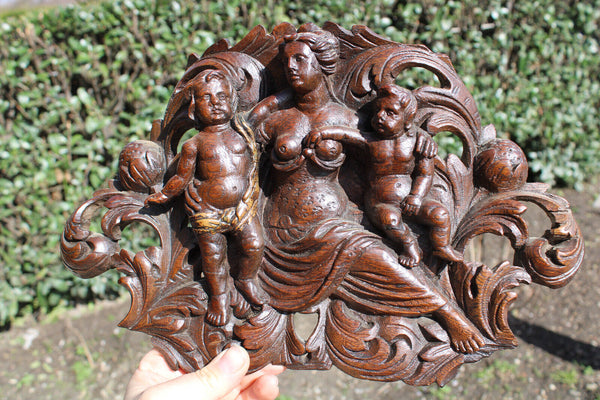 Antique french wood carved 1800s pomona nymph putti relief plaque