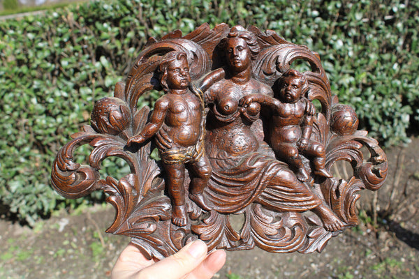 Antique french wood carved 1800s pomona nymph putti relief plaque