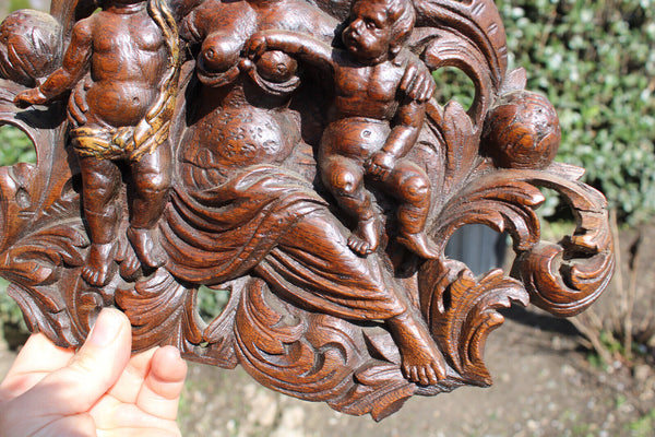 Antique french wood carved 1800s pomona nymph putti relief plaque