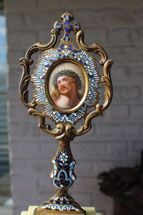Antique french cloisonne enamel crucifix portrait christ porcelain onyx marble
