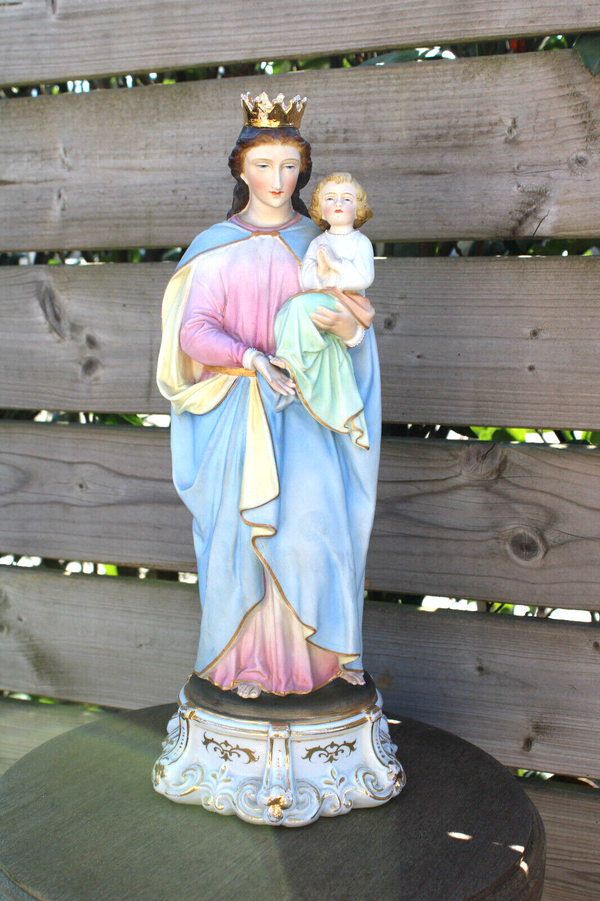 Antique belgian vieux andenne bisque porcelain paster color madonna statue