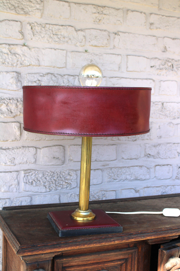 Jacques adnet Leather burgundy dark leather table lamp 60s