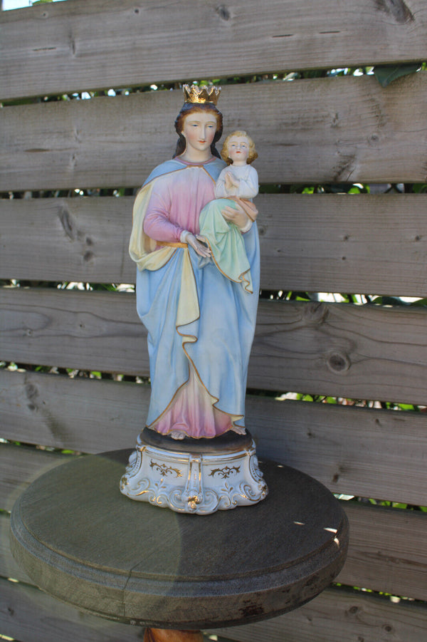 Antique belgian vieux andenne bisque porcelain paster color madonna statue