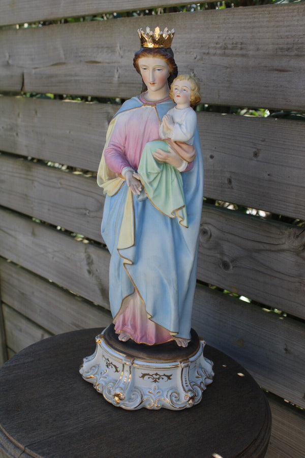 Antique belgian vieux andenne bisque porcelain paster color madonna statue