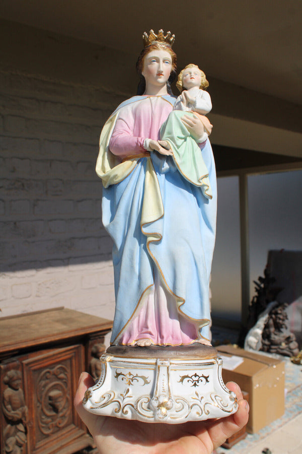 Antique belgian vieux andenne bisque porcelain paster color madonna statue