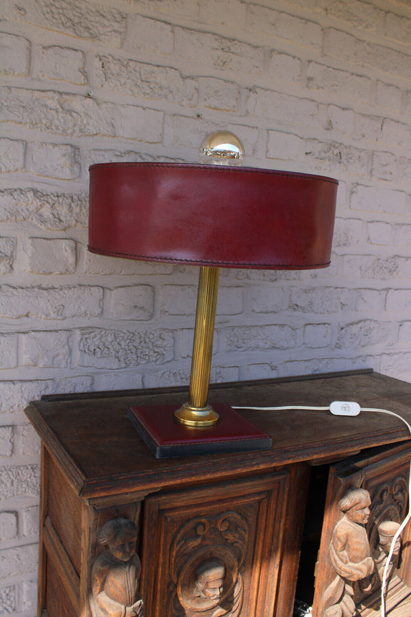 Jacques adnet Leather burgundy dark leather table lamp 60s