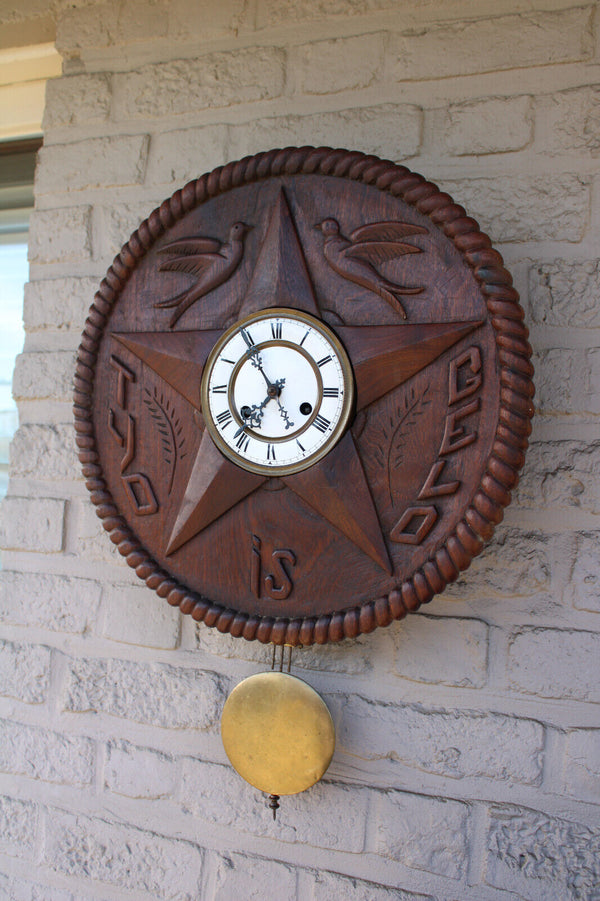 Antique flemish wood carved  wall clock time is money text