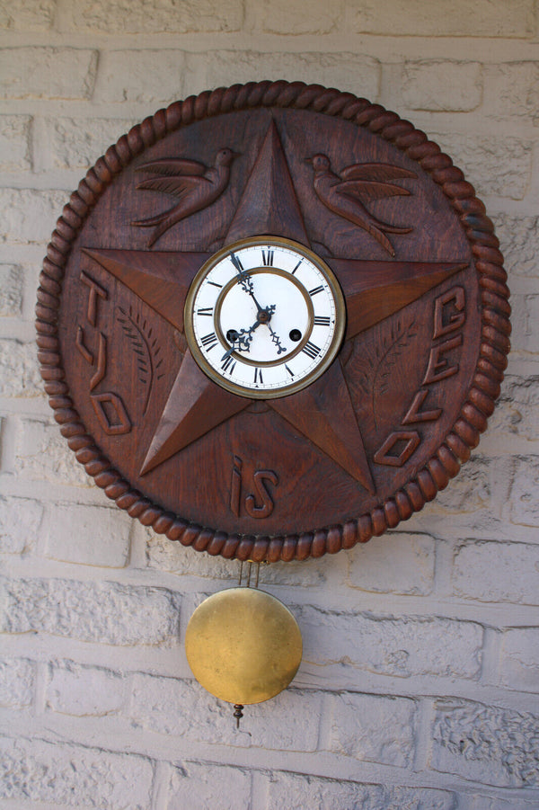 Antique flemish wood carved  wall clock time is money text