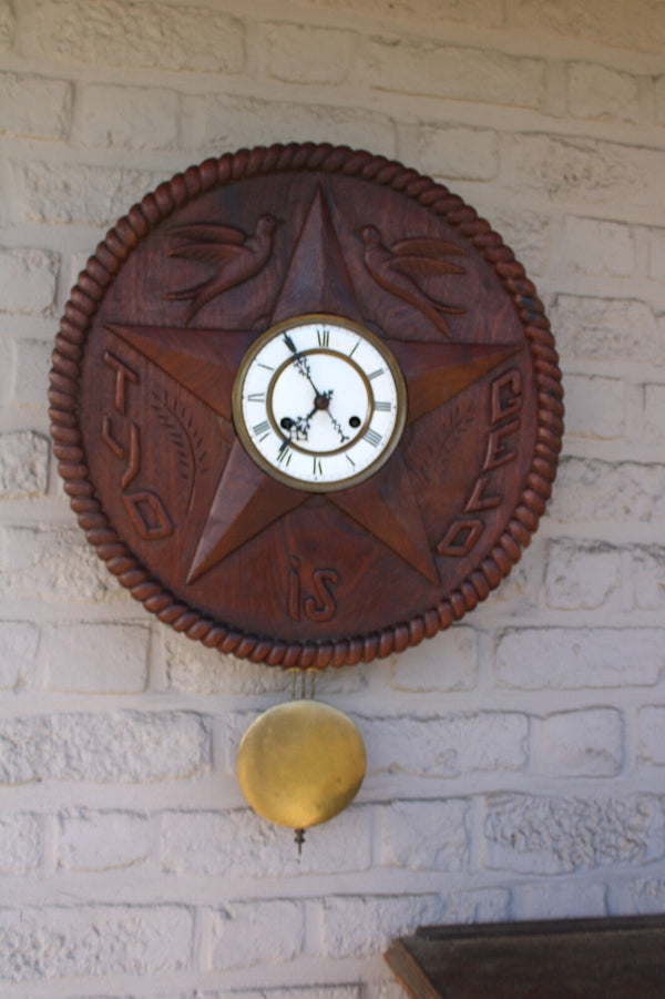 Antique flemish wood carved  wall clock time is money text