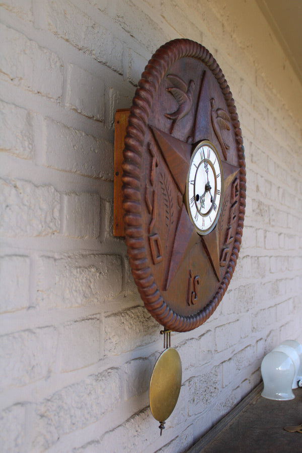 Antique flemish wood carved  wall clock time is money text