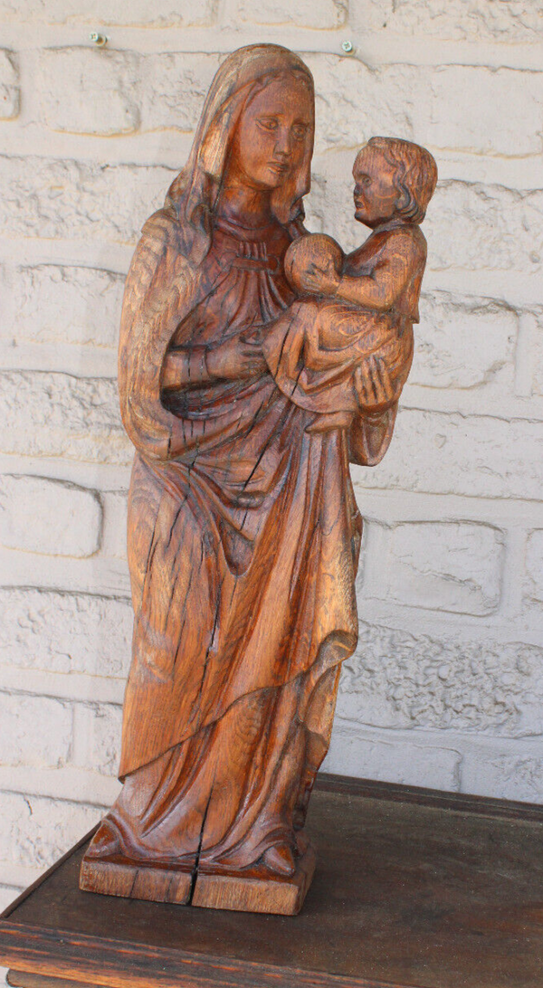 Antique flemish wood carved madonna child statue figurine