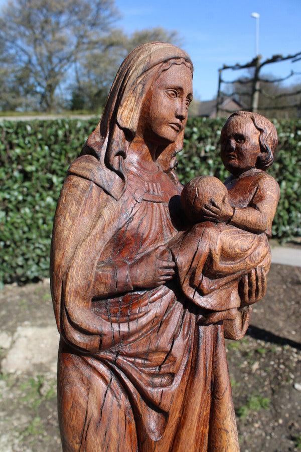 Antique flemish wood carved madonna child statue figurine