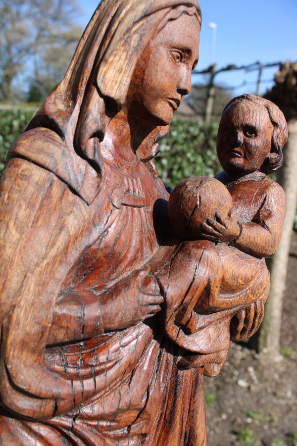 Antique flemish wood carved madonna child statue figurine