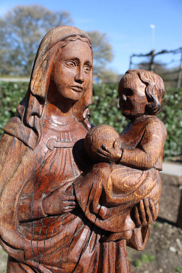 Antique flemish wood carved madonna child statue figurine